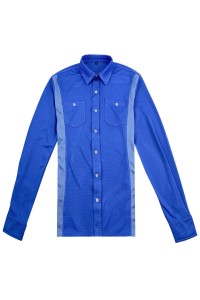 大量訂購藍色長袖恤衫  供應撞色衫側 雙胸袋  物業管理恤衫 R370
